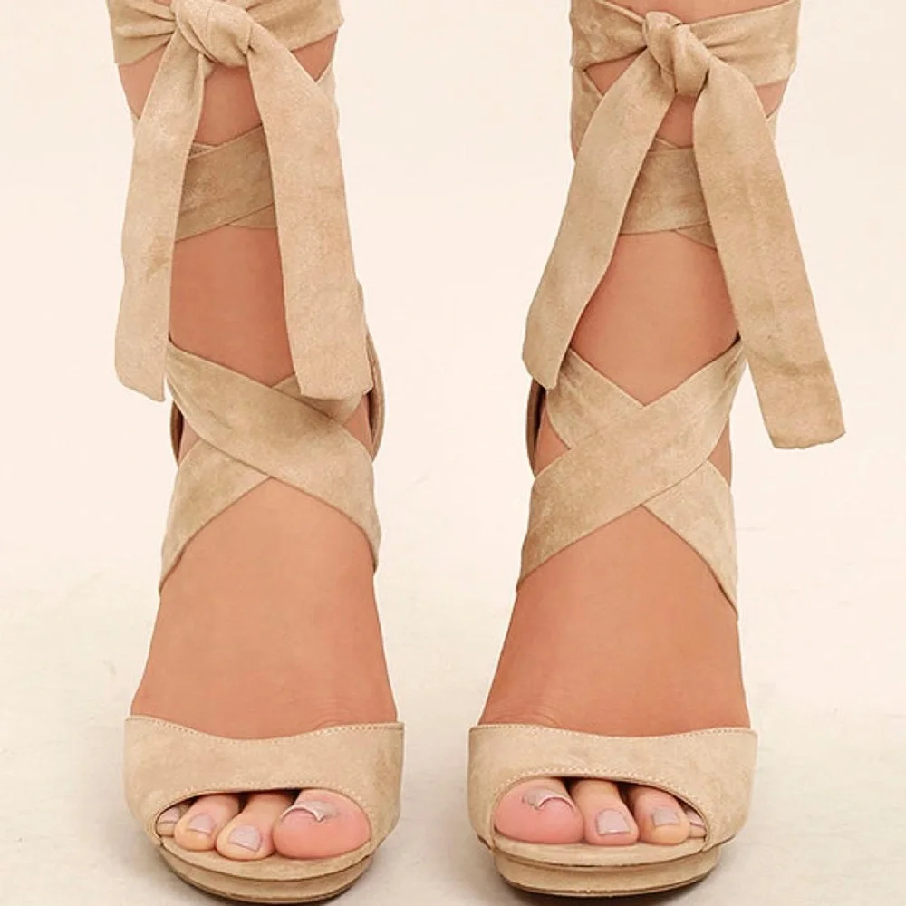 Lulu’s Dorian Natural Suede Lace-Up Platform Heels - Picture 2 of 16